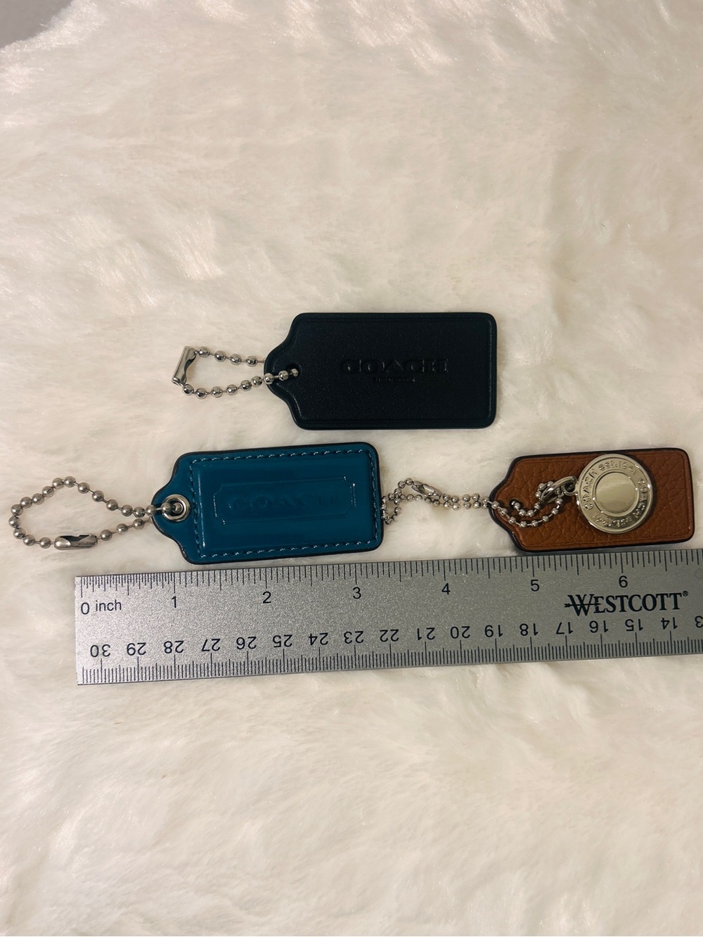 Coach Leather Key Tag Trio in Black, Teal & Brown